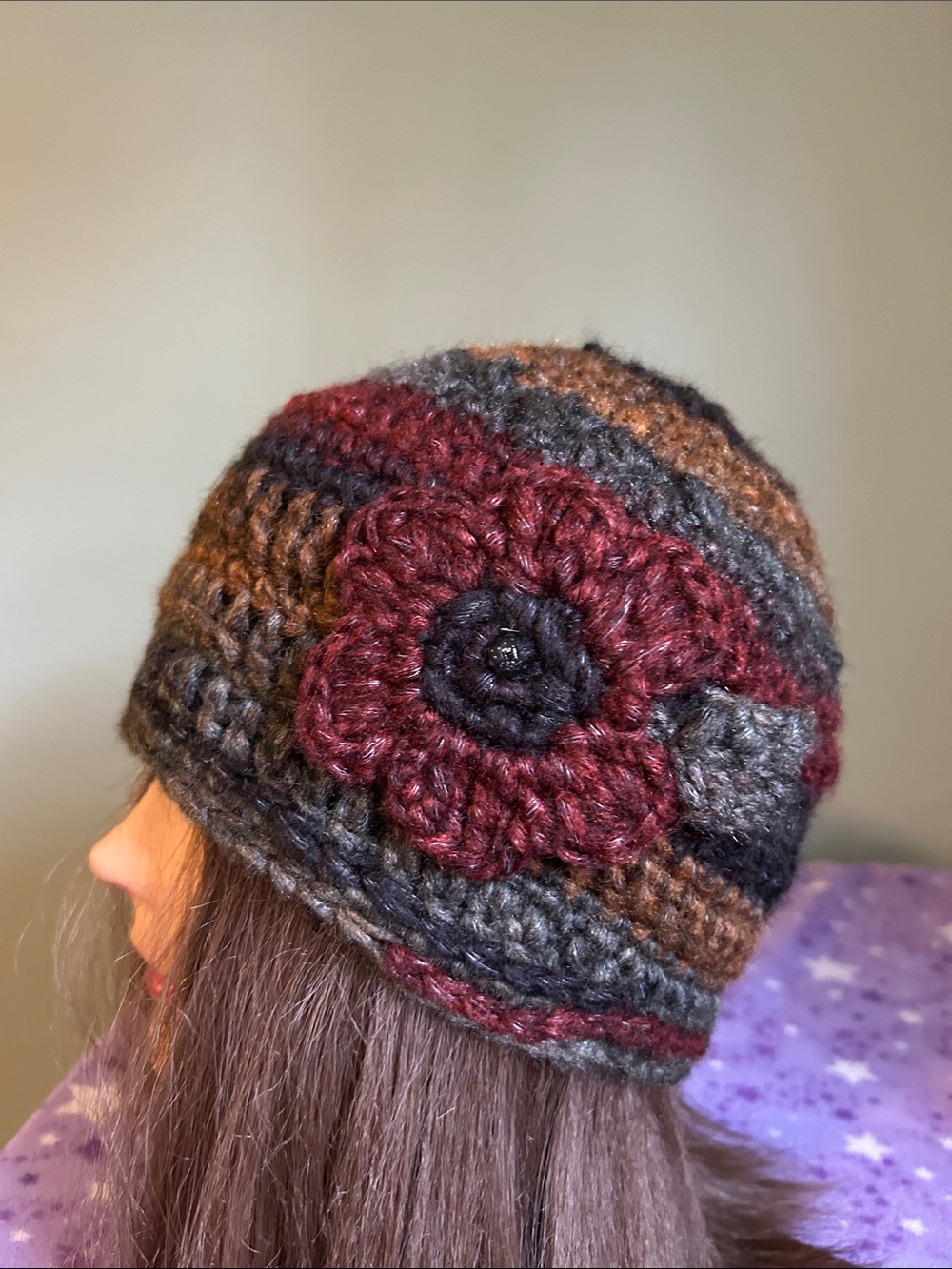 Striped Crochet Beanie with Burgundy Flower Accent medium soft acrylic yarn new